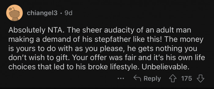 The stepson should not get anything unless OP allows it.