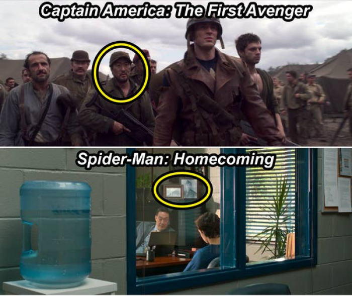 11. In 'Spider-Man: Homecoming' we see a picture hanging in Prinicpal Morita's office of his grandfather, Jim Morita, who was one of Cap's Howling Commandos from 'Captain America: The First Avenger'