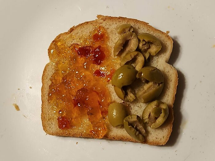 "Anchovy-Stuffed Olives And Pepper Jelly Sandwich"