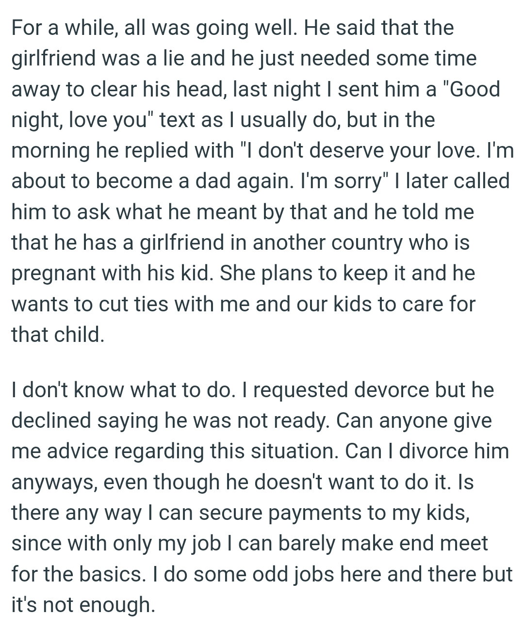 He Told the OP That He Has a Girlfriend in Another Country Who Is Pregnant With His Child