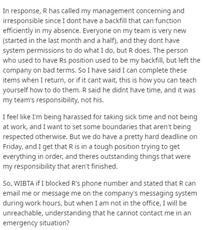 OP wants to block their boss's number because he seems to not be letting up on calling OP during their time off, especially when they are sick.