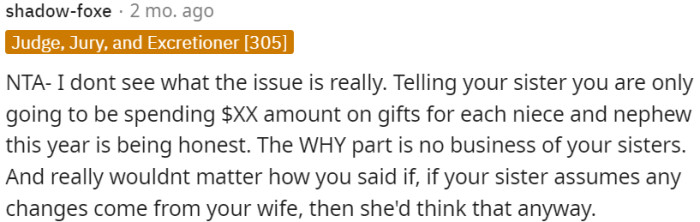 OP should set gift budget boundaries with honesty while disregarding unnecessary explanations