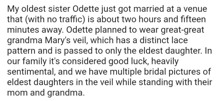 The wedding veil has a distinct lace pattern and is passed to only the eldest daughter in the OP's family