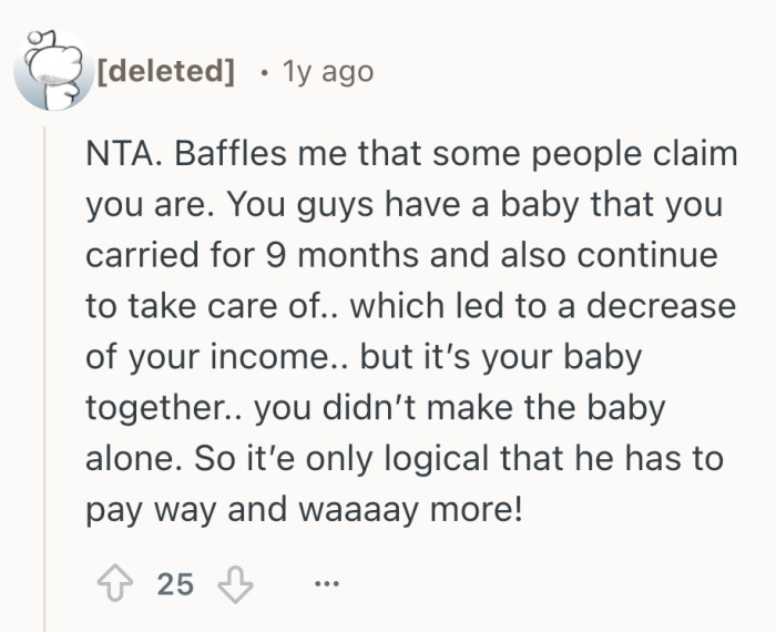 A pointed reminder that carrying and caring for a baby already shifts the scales long before the bills even show up.