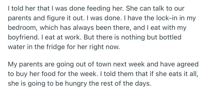 OP is done feeding her sister and has pushed the responsibility to her parents