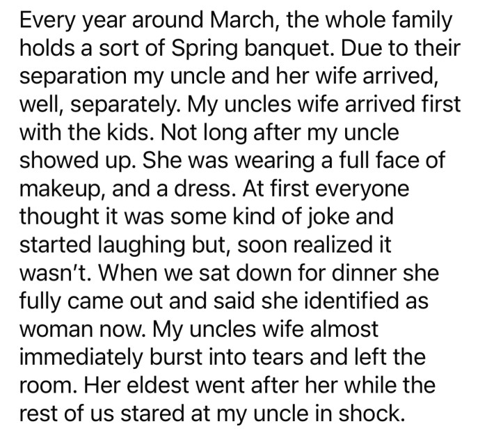 OP's uncle and aunt arrived separately this year due to their separation.