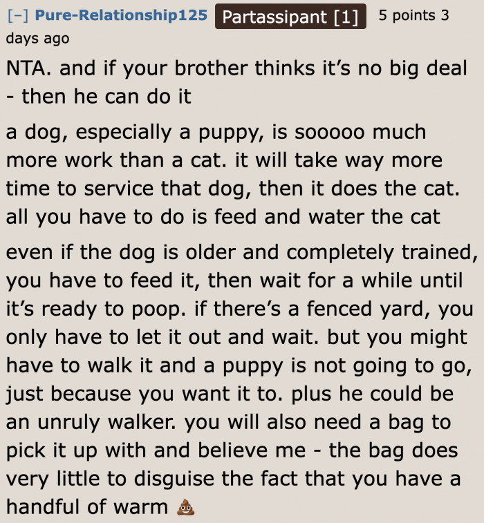 The OP's mom should just make her son responsible for the dog.