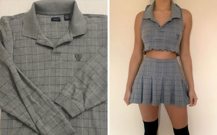 28. She transformed a thrifted men's polo into a stylish two-piece outfit