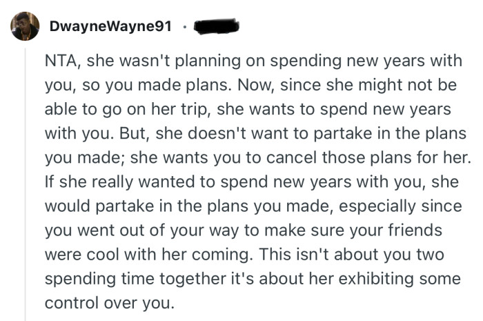 “This isn't about you two spending time together it's about her exhibiting some control over you.”