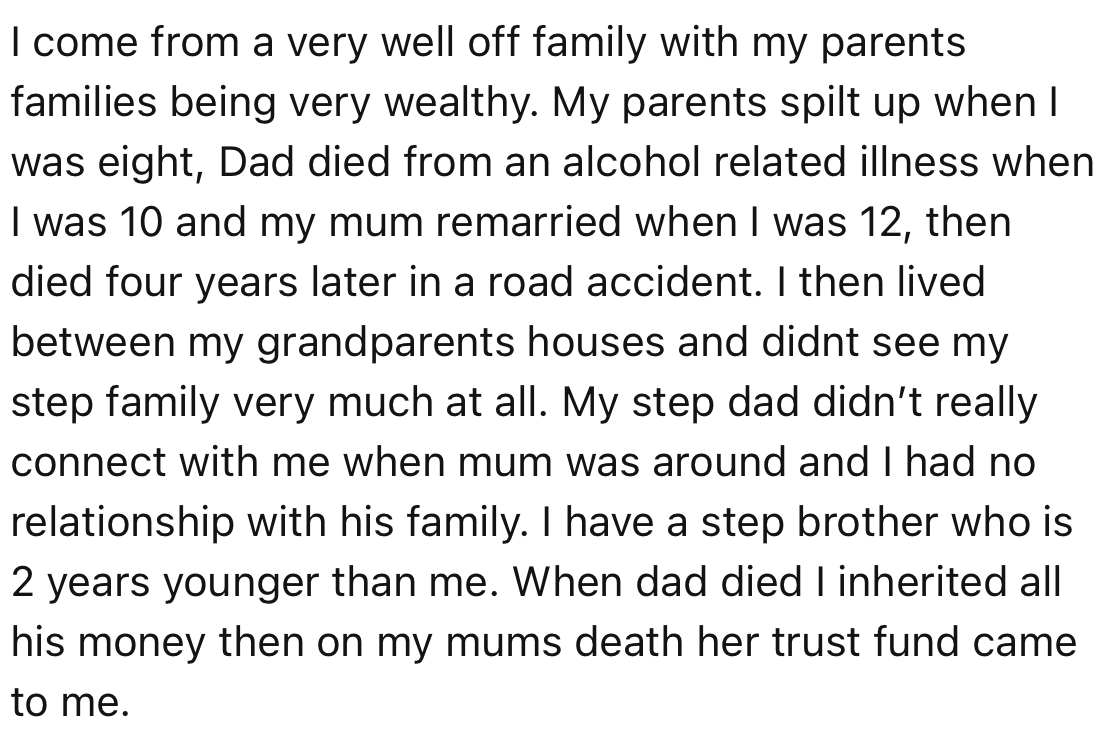 OP inherited a lot of money from both their parents when they passed away