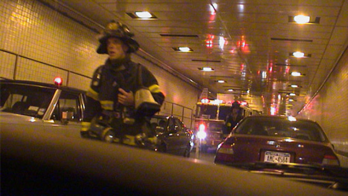 Helen then revealed a photo of a firefighter running through the Brooklyn Battery Tunnel while vehicles were blocking traffic.