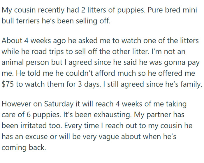 OP agreed to look after their cousin's litter of mini bull terrier puppies. Initially expecting a three-day commitment in exchange for $75,