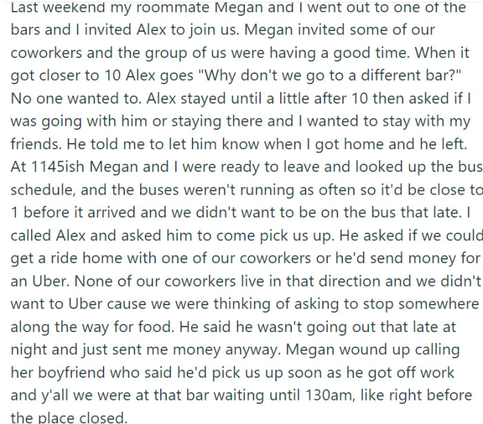 This complicates their social life since OP's friends and her preferred hangouts are situated in these regions. Even her apartment is located such that Alex needs to pass through these areas to reach it.