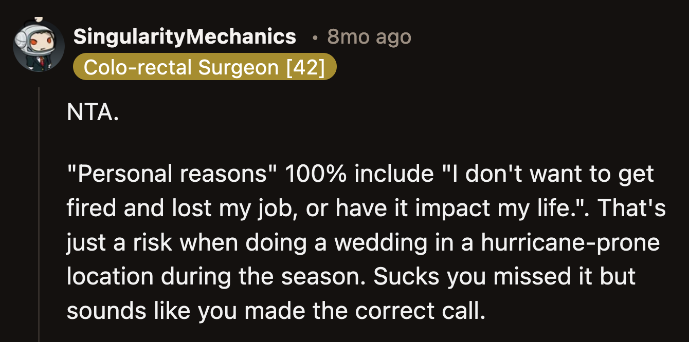 OP was not selfish for missing the wedding to keep their job secure.