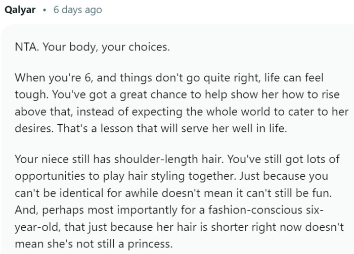 The niece still has shoulder-length hair