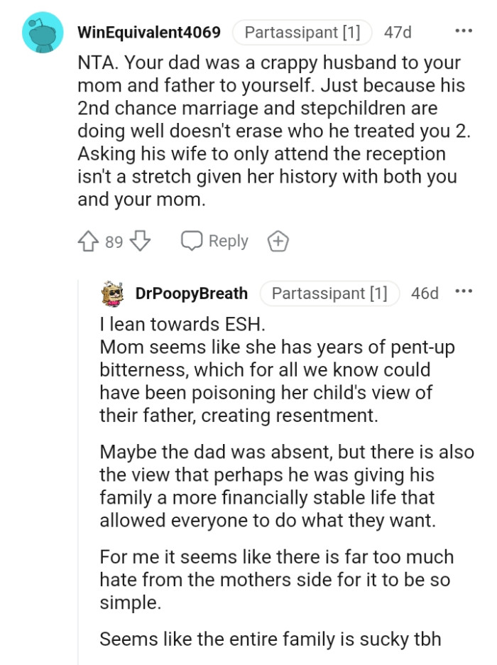 The OP's dad was a poor husband to the OP's mom.