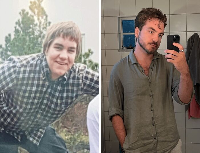 Before-and-after transformation photos with ages and progress text overlay.