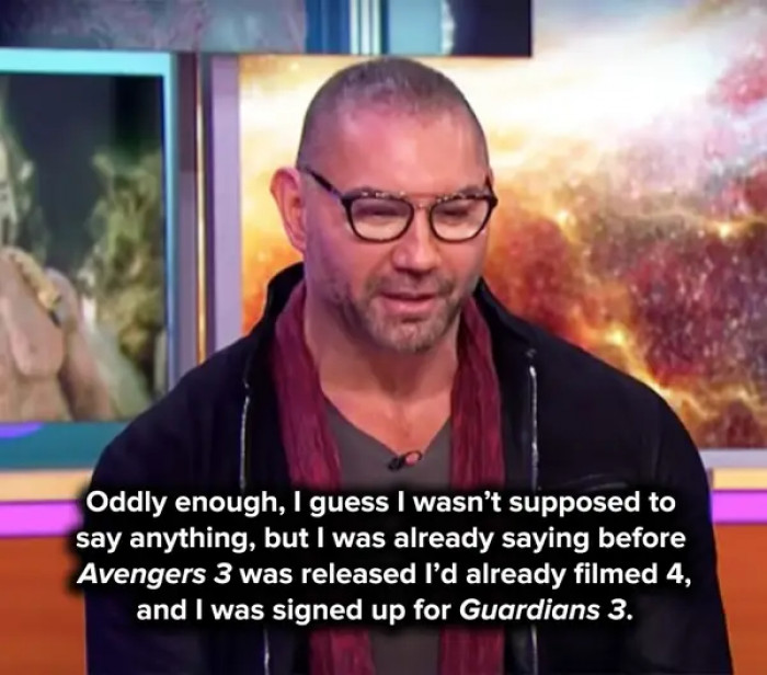 2. Dave Bautista accidentally told Good Morning Britain that the Guardians of the Galaxy would be back in Avengers: Endgame. This was after they were snapped away by Thanos in Avengers: Infinity War.