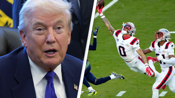 New England Patriots players in Super Bowl action during a loss after Trump visit