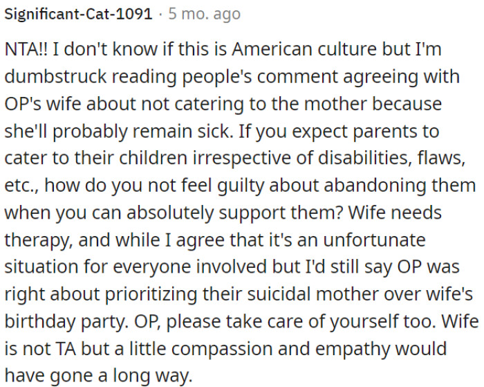 OP was right to prioritize his suicidal mother over a birthday party.