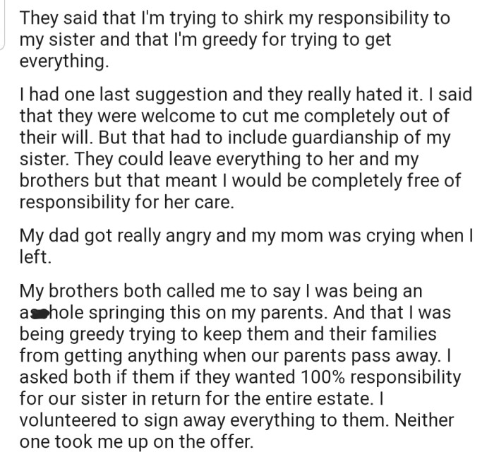 OP's parents refused all her ideas and accused her of being greedy and trying to shrink her responsibility to her sister. This prompted her to suggest one final idea that has gotten the entire family riled up, including her older brothers
