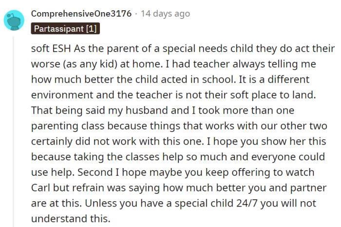Solid point about seeking help through parenting classes, but perhaps OP should avoid comparing their parenting skills to avoid potential conflicts.