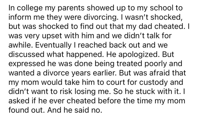 When the OP was in college, his parents got divorced after his father cheated.