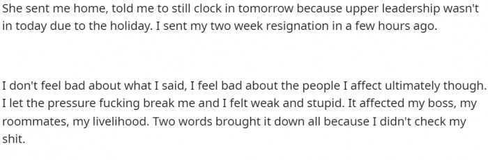 OP doesn't feel bad; his job helped him a little, and things are okay.