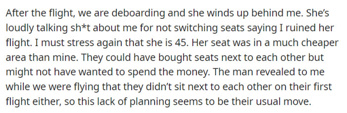 Upon de-boarding, the girlfriend continued to berate OP for not switching seats.