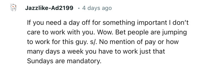 “No mention of pay or how many days a week you have to work, just that ‘Sundays are mandatory.’…”