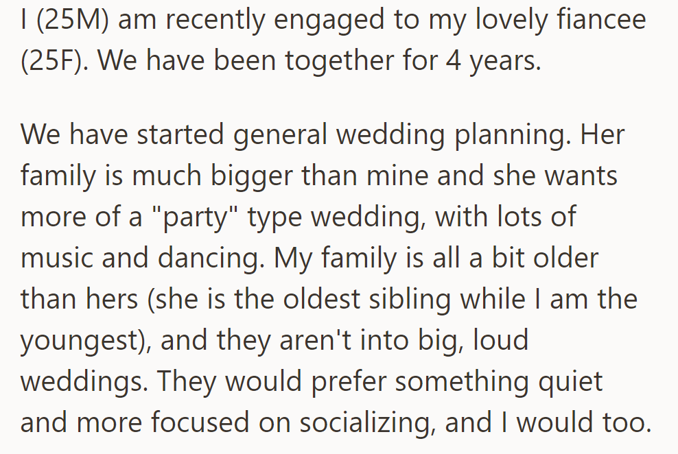 Engaged couple, both 25, plan wedding: she wants a big, lively celebration; OP prefers a quieter, intimate affair.