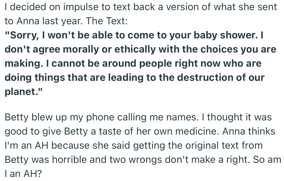 OP decided to be petty by texting back a version of the message Betty sent Anna last year