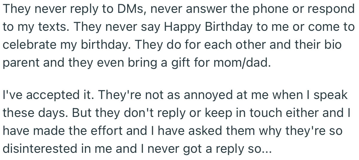OP decided to stop trying and accept that her half-siblings don’t care about her