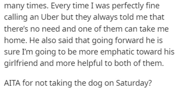 OP is now wondering if they are in the wrong for not wanting to watch the dog