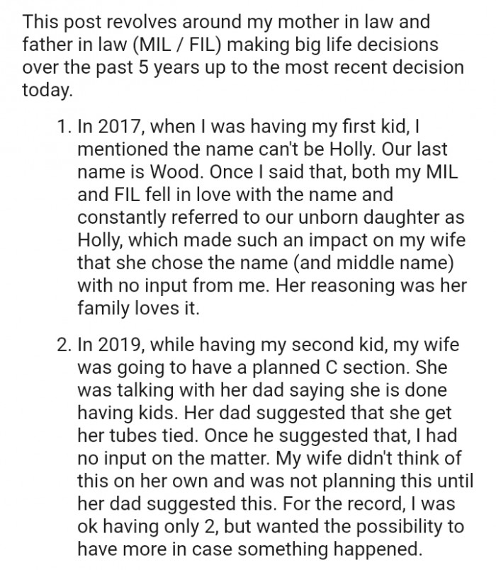 The OP's In-laws Have Been Making Big Life Decisions for Them Over the Past Few Years