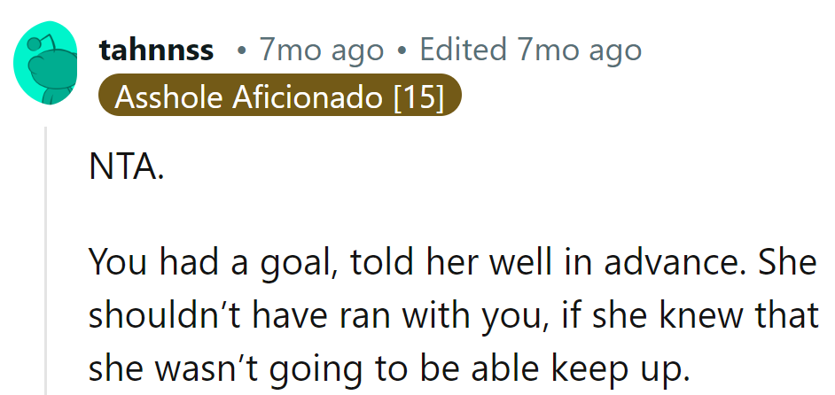 Setting goals isn't a relay race. If she couldn't keep pace, she shouldn't have jumped in the lane.