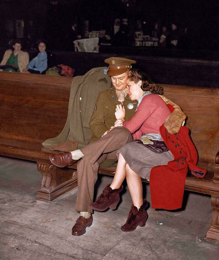 "A U.S. Soldier and His Girlfriend Waiting for a Train at Chicago Union Station in February 1943."