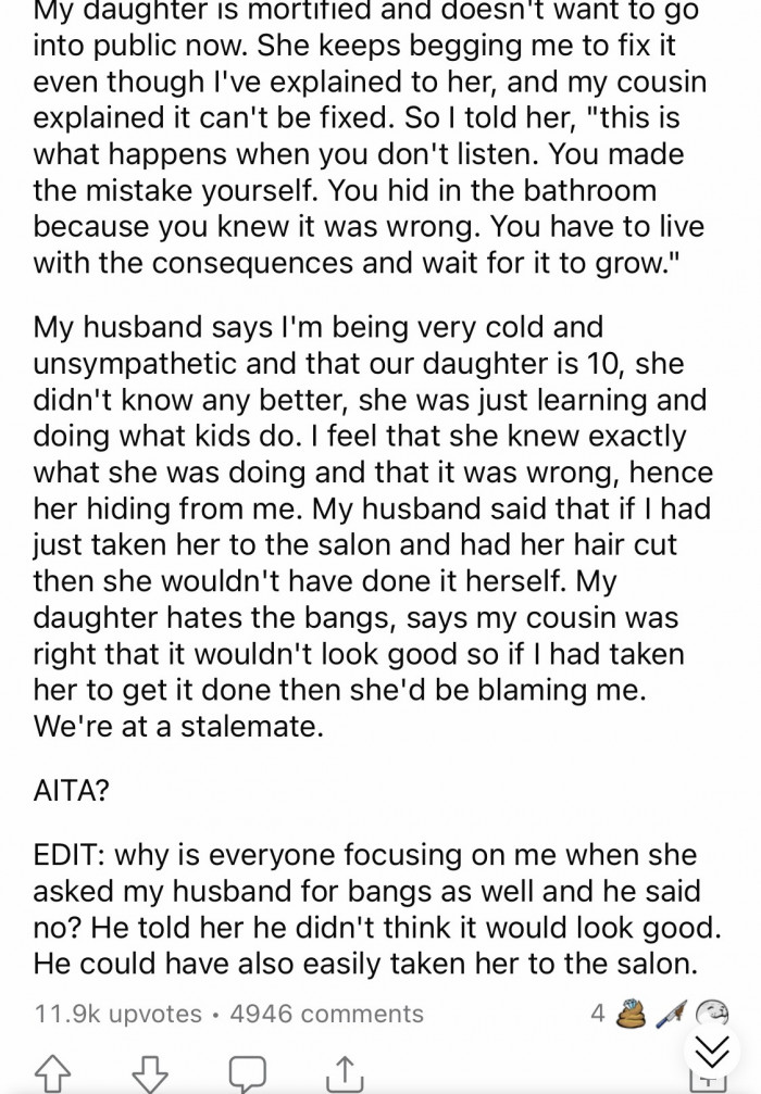 OP argued to her husband that she was teaching their daughter to learn the consequences of her actions.