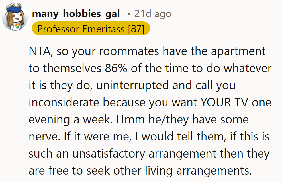 Roommates enjoy 86% solo time but fuss over one TV night?