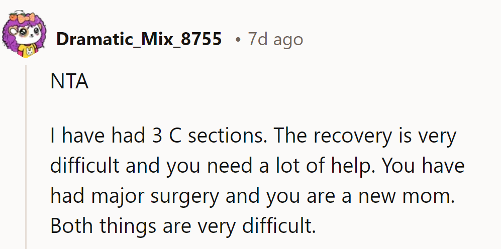 NTA. Three C-sections? She's practically a superhero—time for everyone to pitch in!