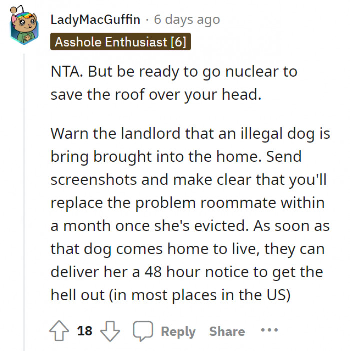 The lease and the OP have warned her for sure.