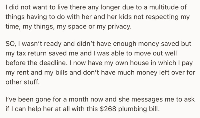 A month after OP moved out, her friend texted to ask if she could help with her plumbing bill
