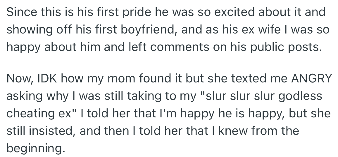 Surprisingly, OP’s mom found out about her son-in-law and angrily sent her a text wondering why she still talked to him.