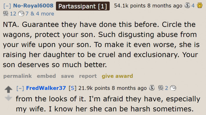 Redditors think this isn't the first time the OP's wife has treated his son this way.