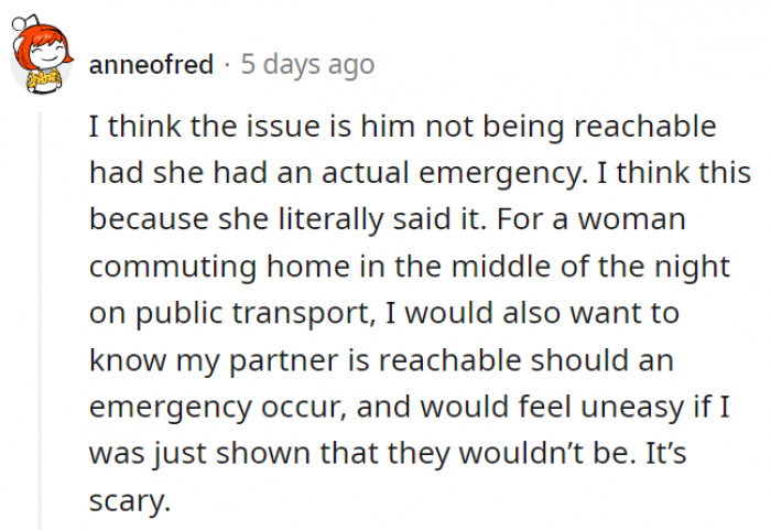 3. For this Redditor, there's a certain comfort in knowing that your partner is easily reachable, especially when traveling alone at night