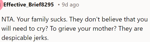OP's family is insensitive for not understanding her need to grieve.