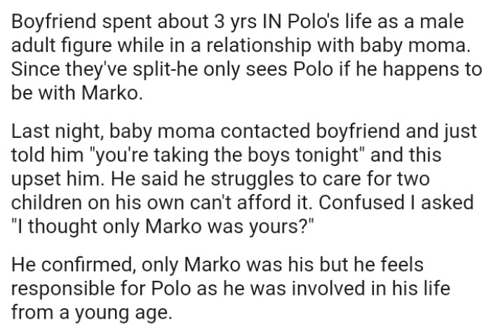 OP's boyfriend struggles to care for two children on his own and can't afford it