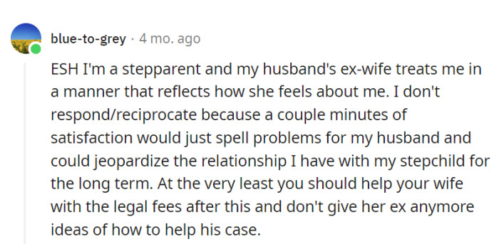 Supporting the wife with legal fees is a good idea, and avoiding actions that could complicate matters further is wise. Long-term harmony with the stepchild is the goal.