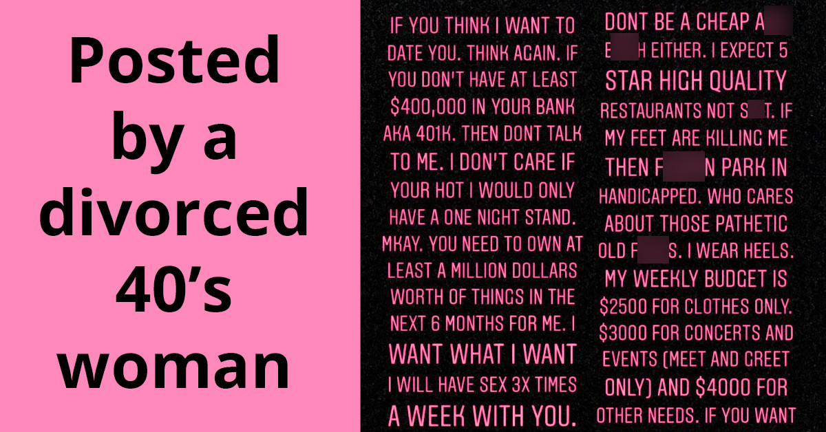 Redditors Go Berserk With The List Of Things An Entitled Divorced Woman In Her 40s Wants Before She Can Date Anyone