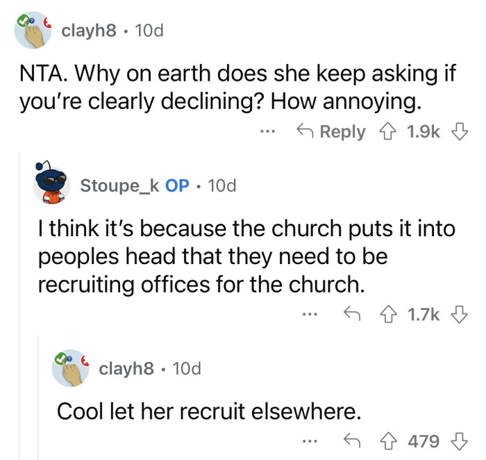 The wife can do her recruiting elsewhere.